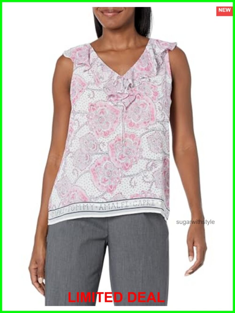 Printed Chiffon Ruffle V-Neck Sleeveless Tank Top Blouse